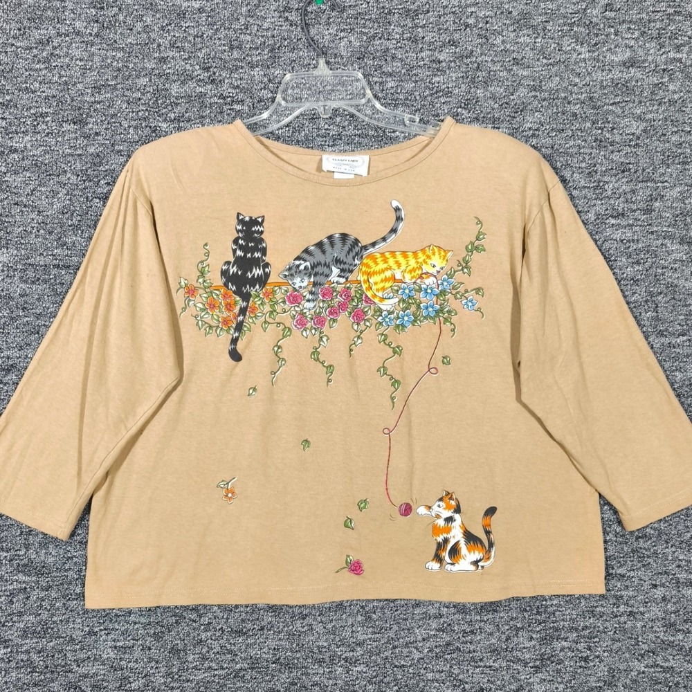 Vintage Kittens Floral Graphic Top Tan Large Made in USA Cute
